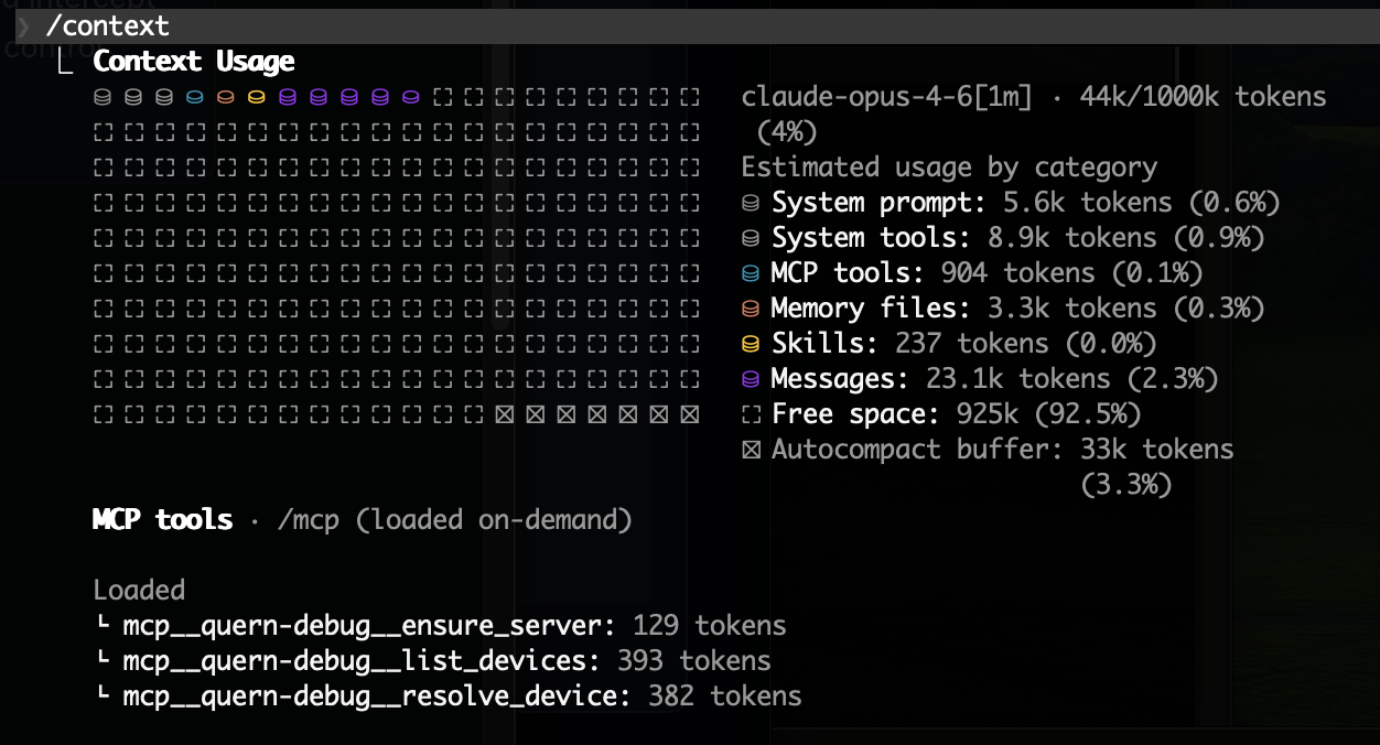 Context usage after loading 3 Quern MCP tools — only 4% of the context window used